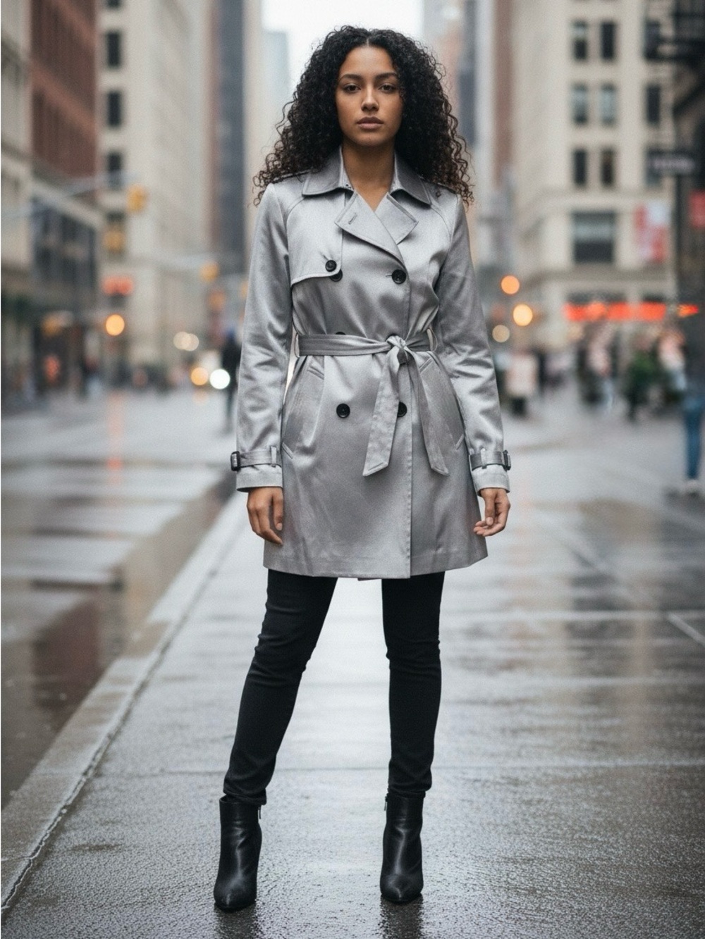 INC International Concepts Silver Double-Breasted Trench Coat with Belt
